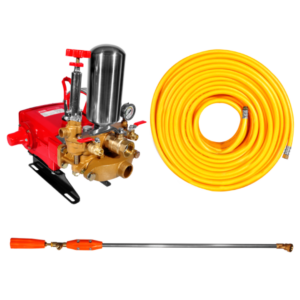KIT FUMIGACION USO AGRICOLA - BOMBA PISTON ACERO. INOX CON GRASERAS 116 L/MIN RET.MANUAL + MANGUERA 8.5MM X 100M 5 CAPAS + LANZA CURVA 90CM